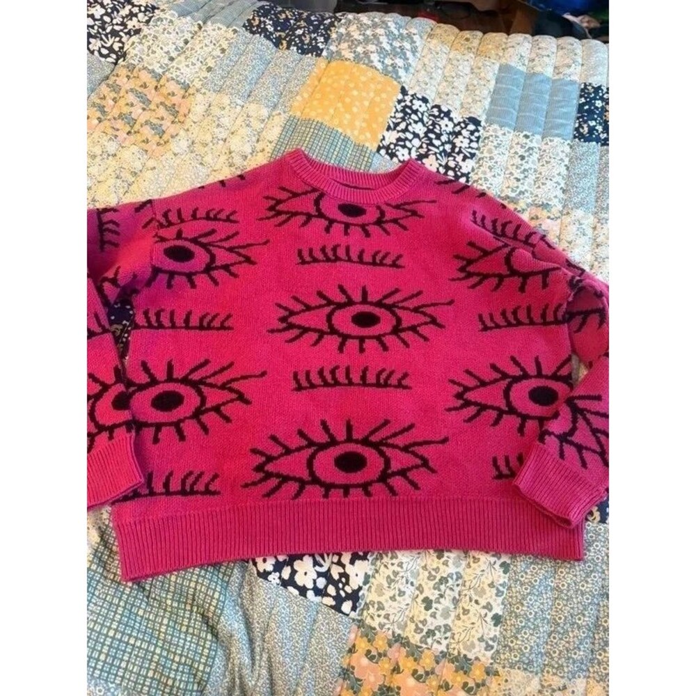 Aqua Blues Pink Black Eye Graphic Knit Sweater Y2K Indie Sleaze S. 440